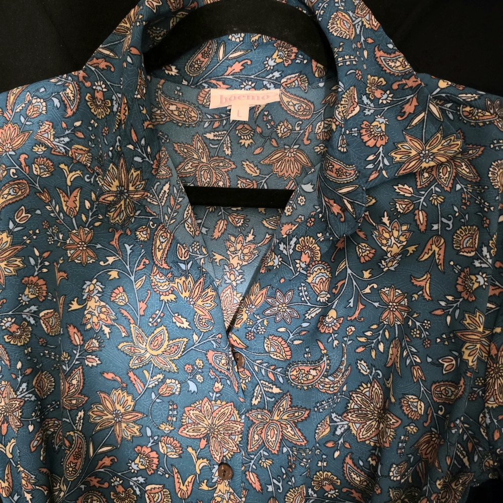 Teal Blue Floral Maxi Shirt Dress with Self Tie Belt - Picture 2 of 4